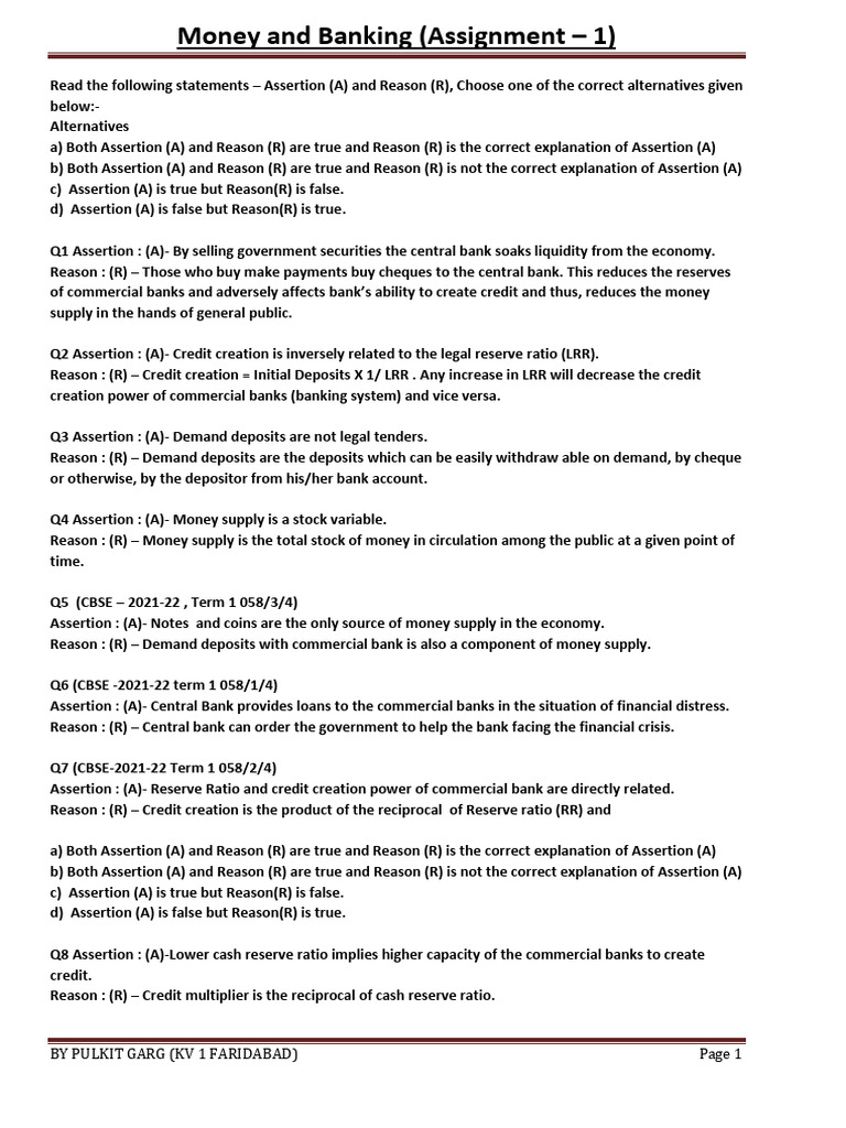 Money And Banking Assignment Insights Pdf Reserve Bank Of India Money