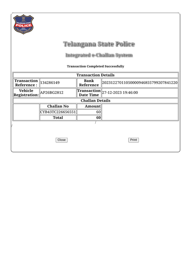 TS Traffic e-Challan Details | PDF