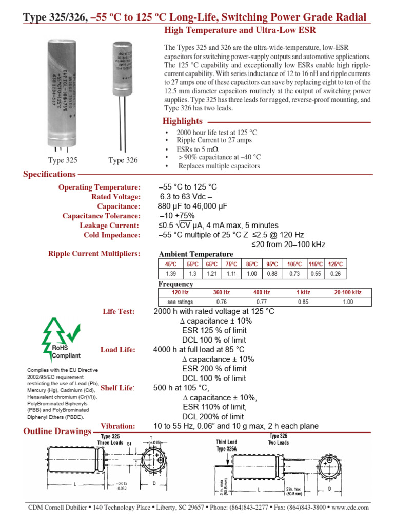 CDE (Radial Thru-Hole) 325-326 Series | PDF | Capacitor | Electronic ...