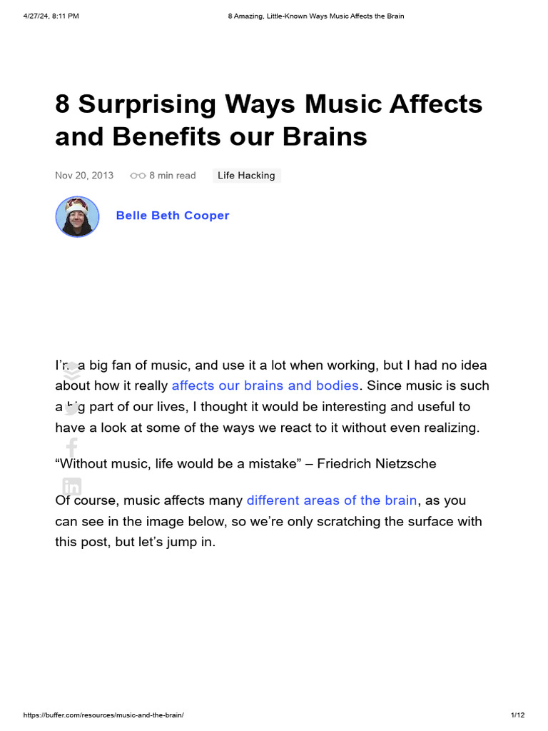 8 Amazing, Little-Known Ways Music Affects The Brain 1 | PDF | Art