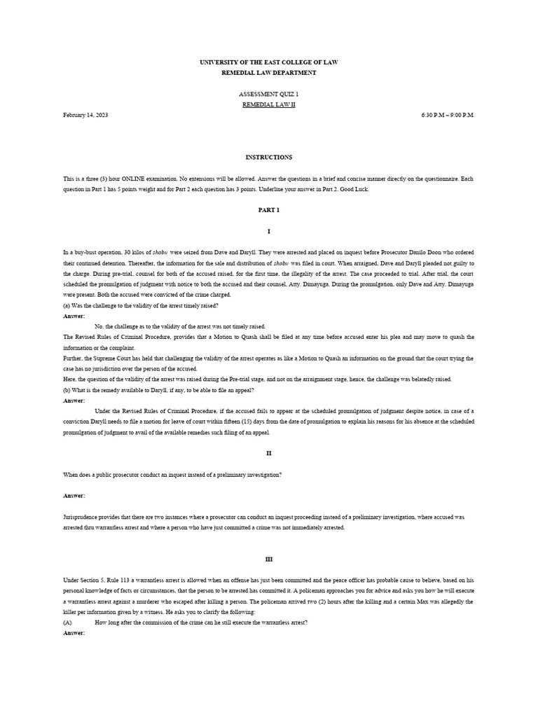 REMEDIAL LAW 2 Refresher 2nd Sem 22-23 Questionaire | PDF | Arrest ...