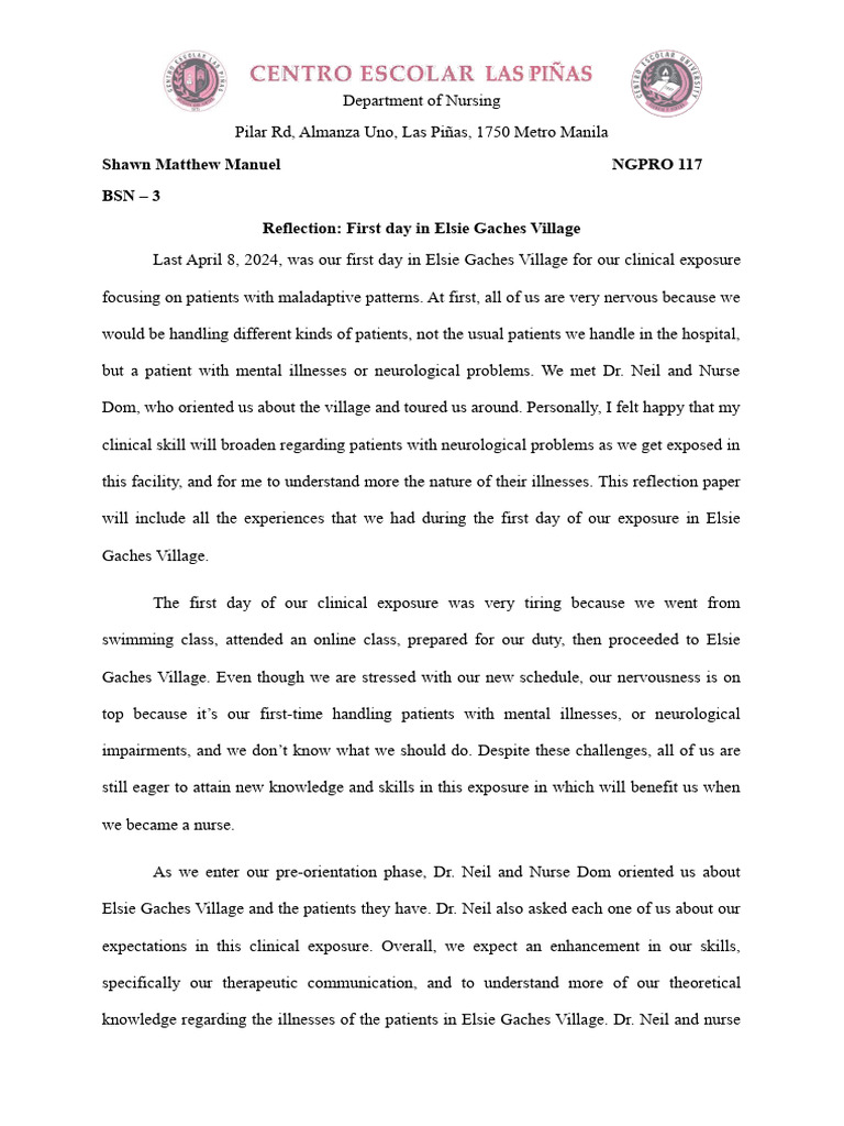 First Day Reflection at Elsie Gaches Village | PDF | Nursing | Mental ...