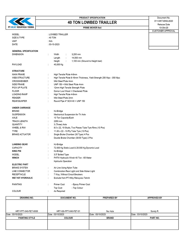 GA Spesification 40 Ton & 60 Ton Lowbed Trailler | PDF | Trailer ...