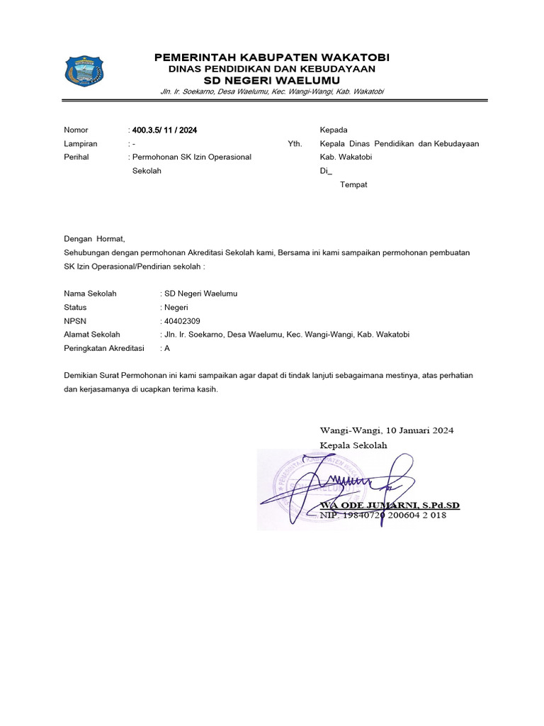 Surat Pengajuan Sk Izin Operasional Sekolah Pdf