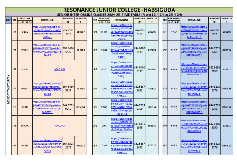 Senior Online Classes Time Table | PDF