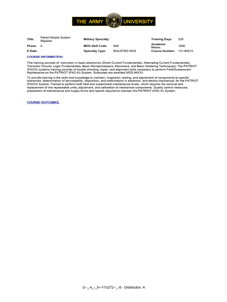 Title: Military Specialty: Training Days: Phase: MOS Skill Code ...
