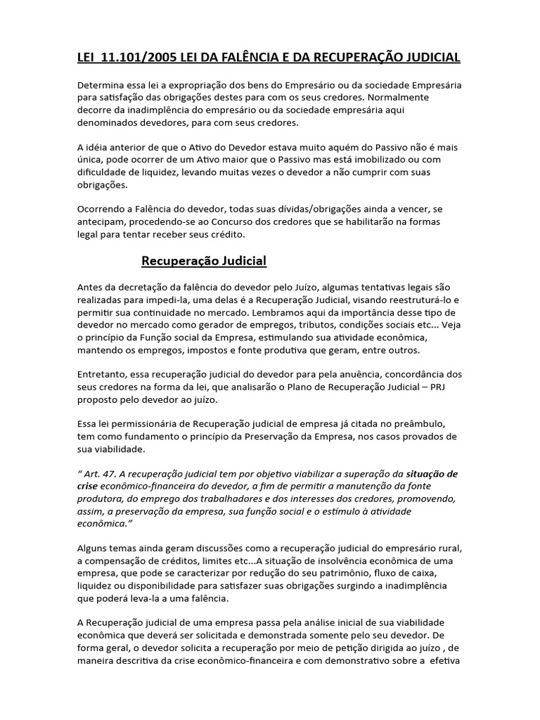 Lei de Falência e Recuperação Judicial | PDF | Falência | Crédito
