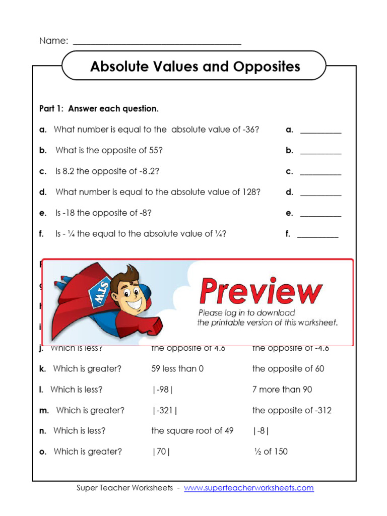 Absolute Value and Opposites Questions | PDF