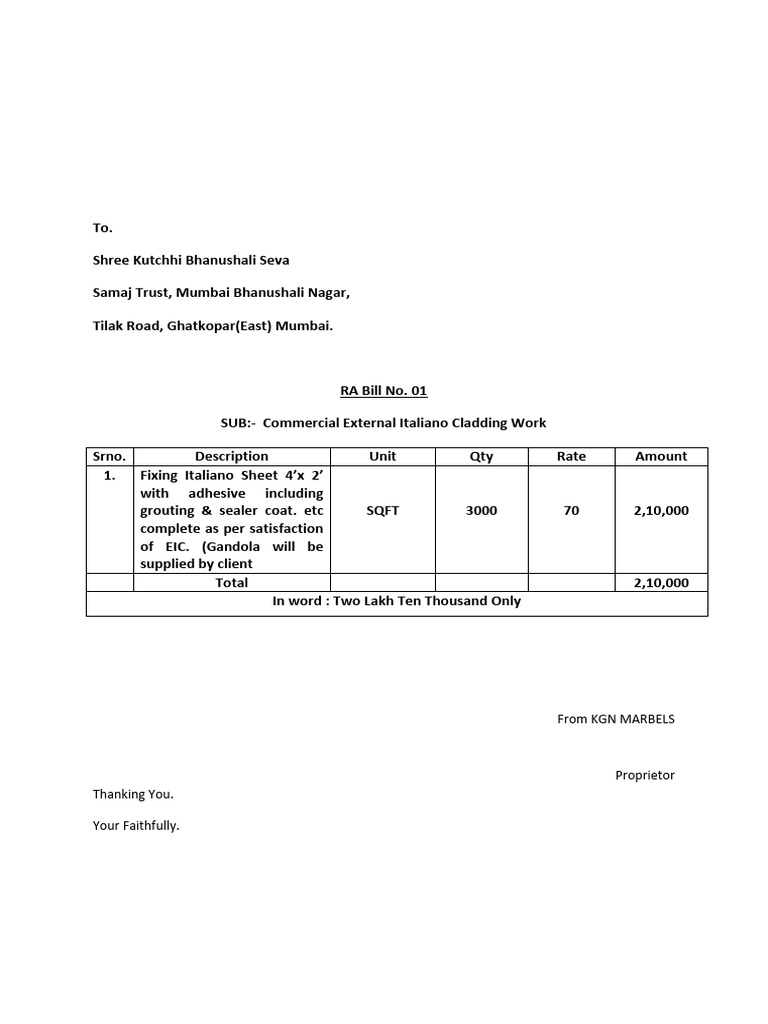 Commercial Cladding Work RA Bill Summary | PDF