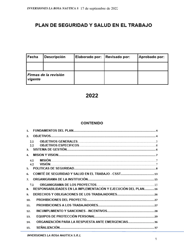 Plan de Seguridad y Salud Laboral 2022 | PDF | Seguridad y salud ...