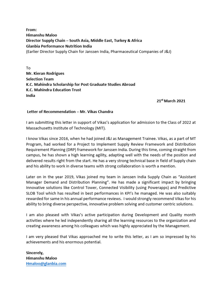 Recommendation Letter For Vikas Chandra - MIT | PDF | Business
