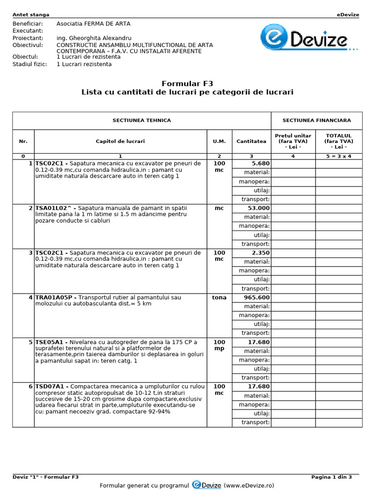 Devize - Lucrari Rezistenta | PDF