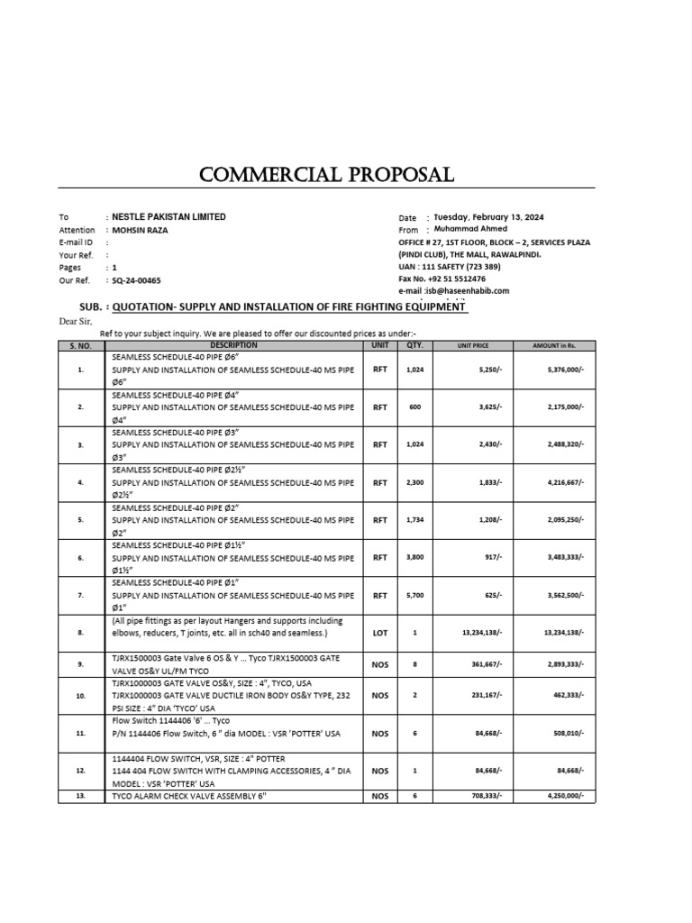 Fire Fighting Equipment Quotation | PDF | Valve | Pipe (Fluid Conveyance)