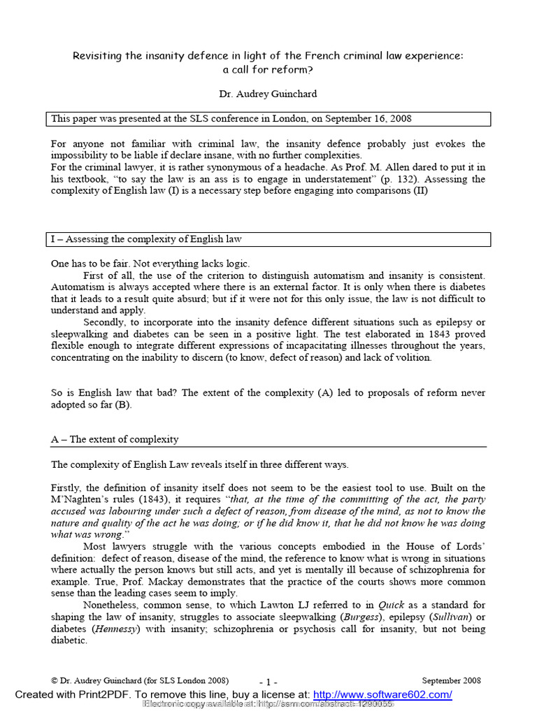 Insanity Defence A Call for Reform? PDF Insanity Defense Mental