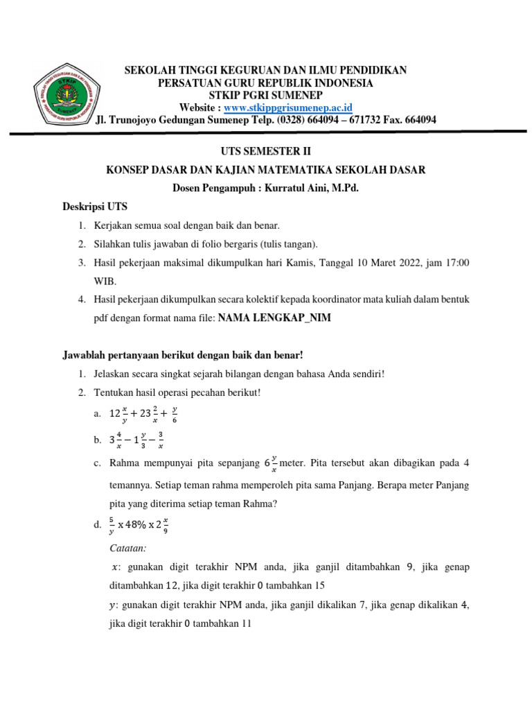 UTS Konsep Dasar Dan Kajian Matematika SD 2F | PDF | Karier ...