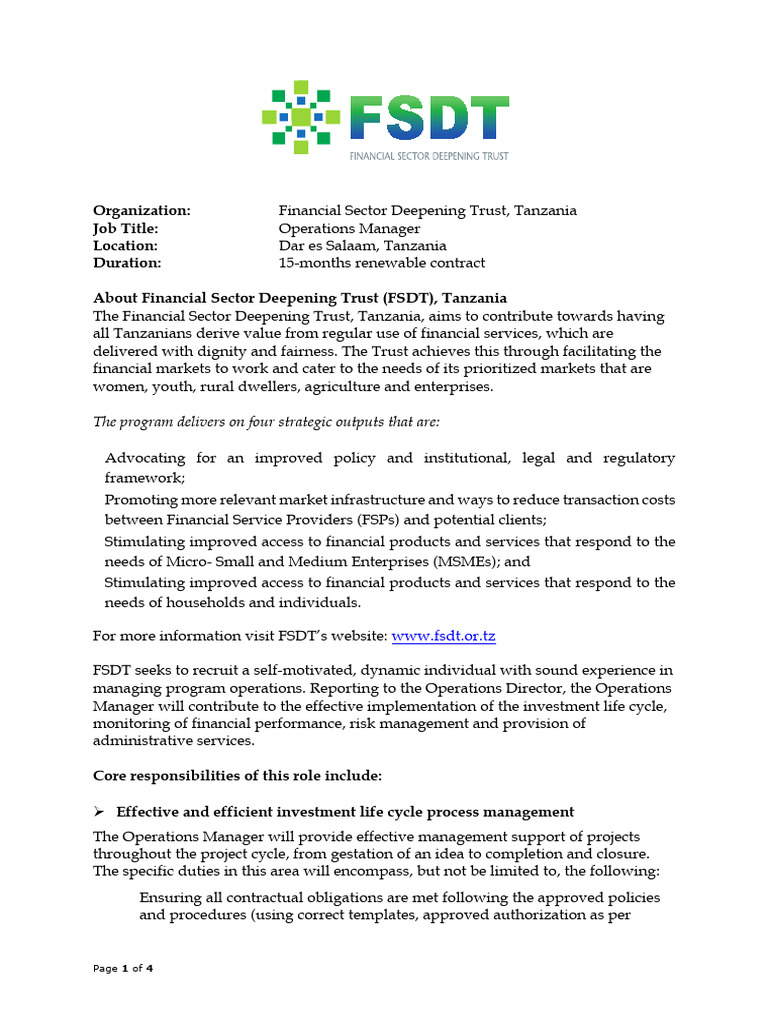FSDT Operations Manager Ad | PDF | Governance | Risk