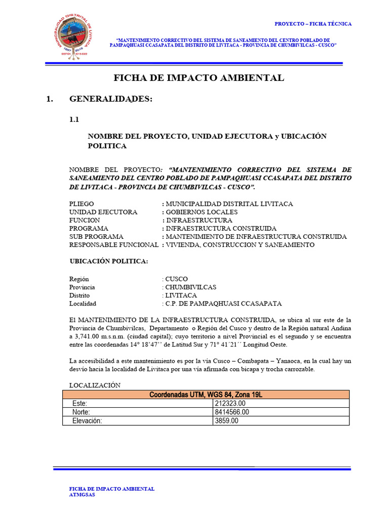 FICHA DE IMPACTO AMBIENTAL casapata | PDF | Saneamiento