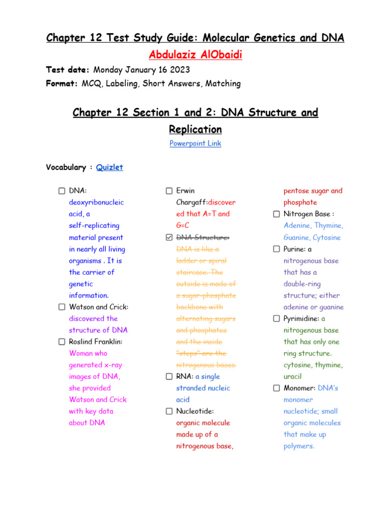 Chapter 12 Molecular Genetics Study Guide | PDF | Messenger Rna | Dna ...