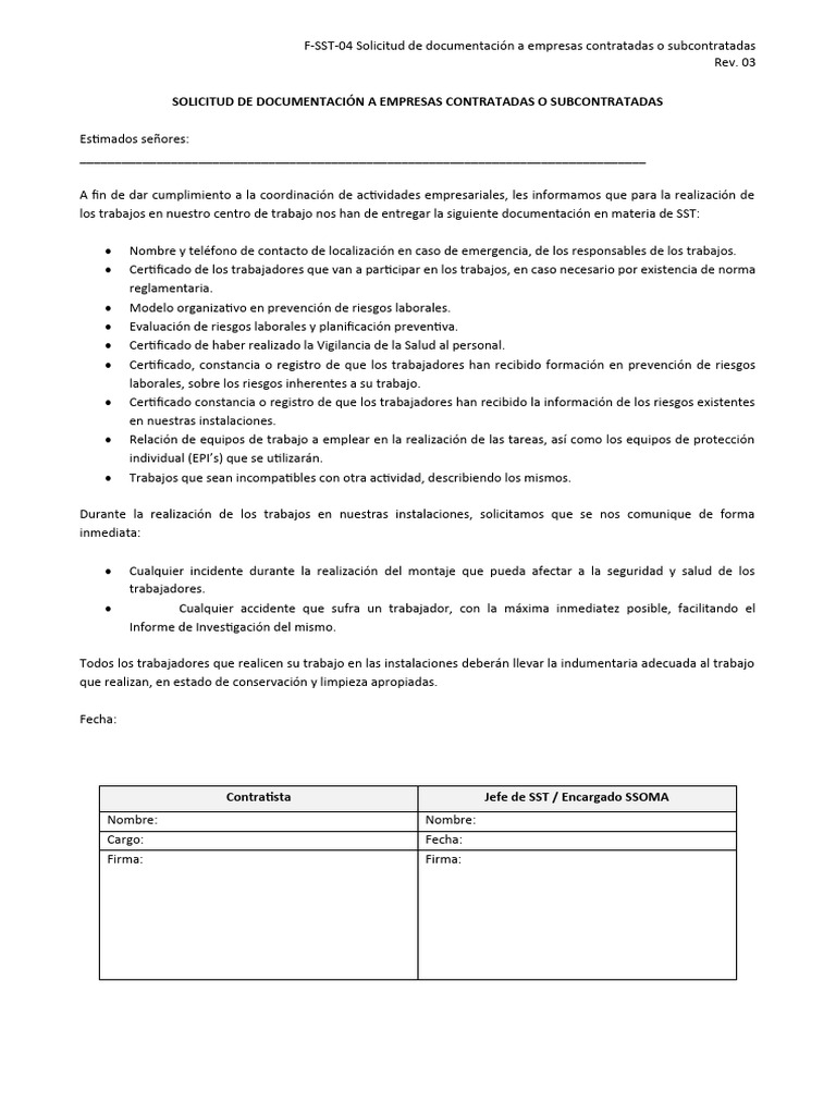 F-SST-04 Solicitud de Documentación A Empresas Contratadas o ...