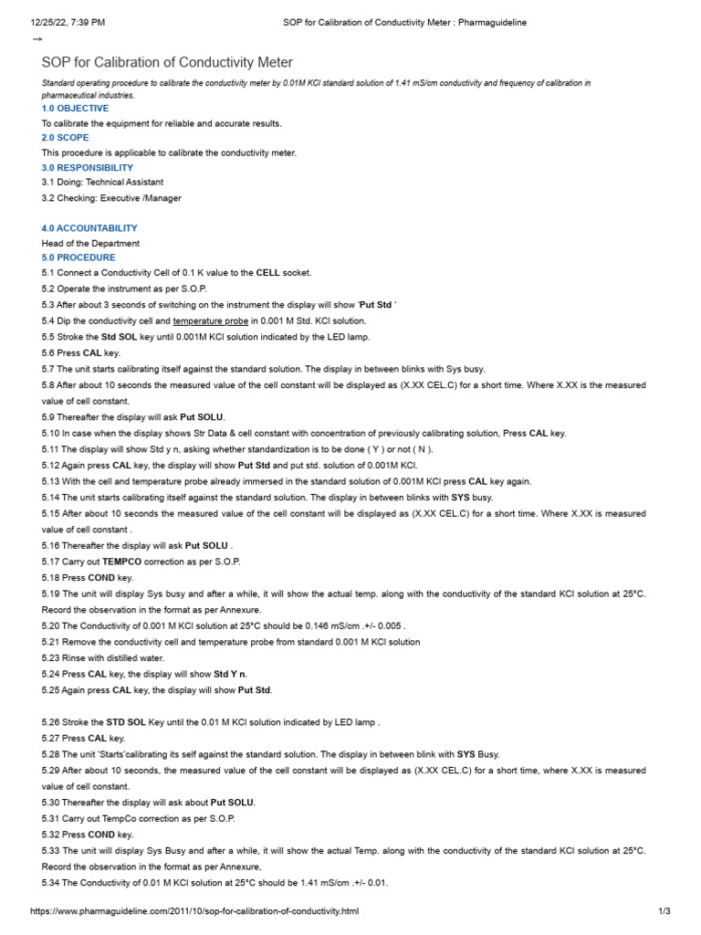 SOP For Calibration of Conductivity Meter Download Free PDF