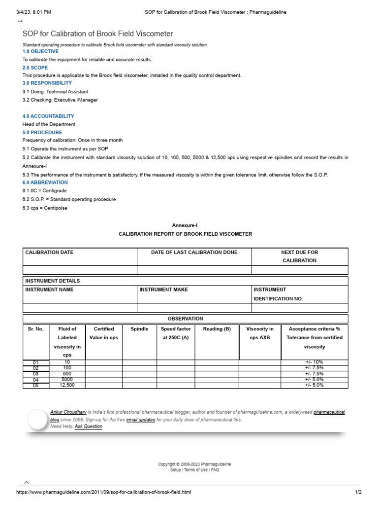 SOP For Calibration of Download Free PDF Calibration