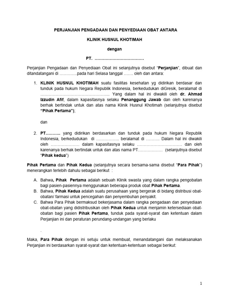 Perjanjian Pengadaan Obat Klinik Gresik | PDF