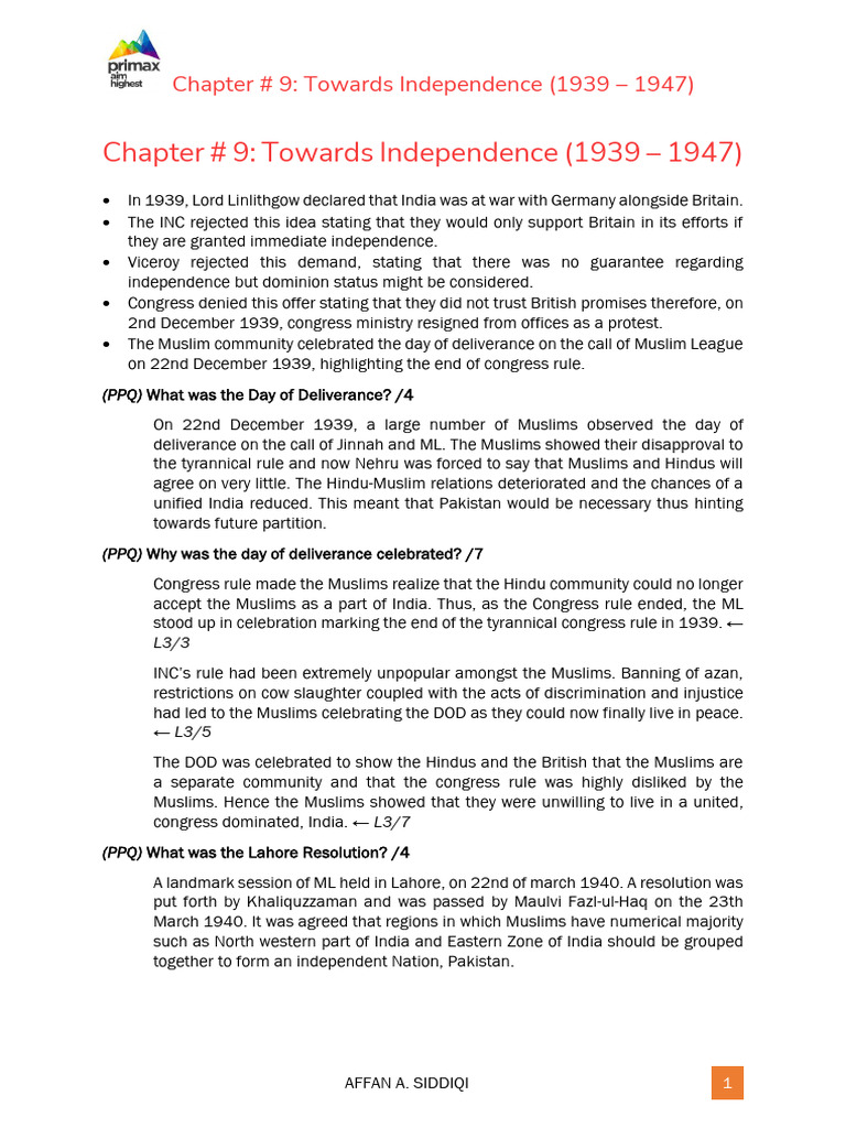 History Chapter 9 | PDF | Muhammad Ali Jinnah | Partition Of India