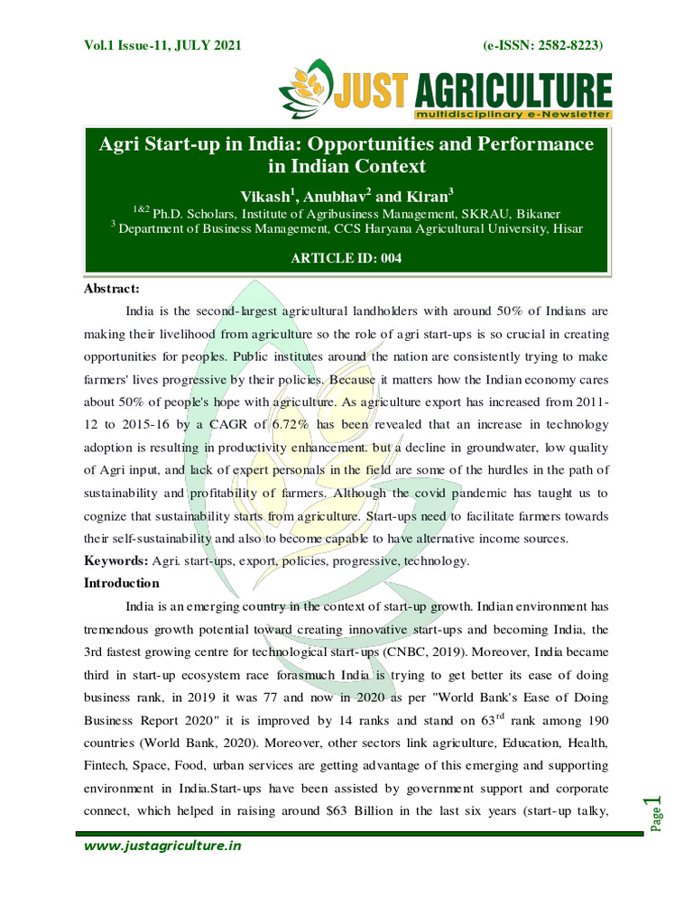 Agri Start-ups in India: Opportunities & Challenges | PDF | Agriculture ...