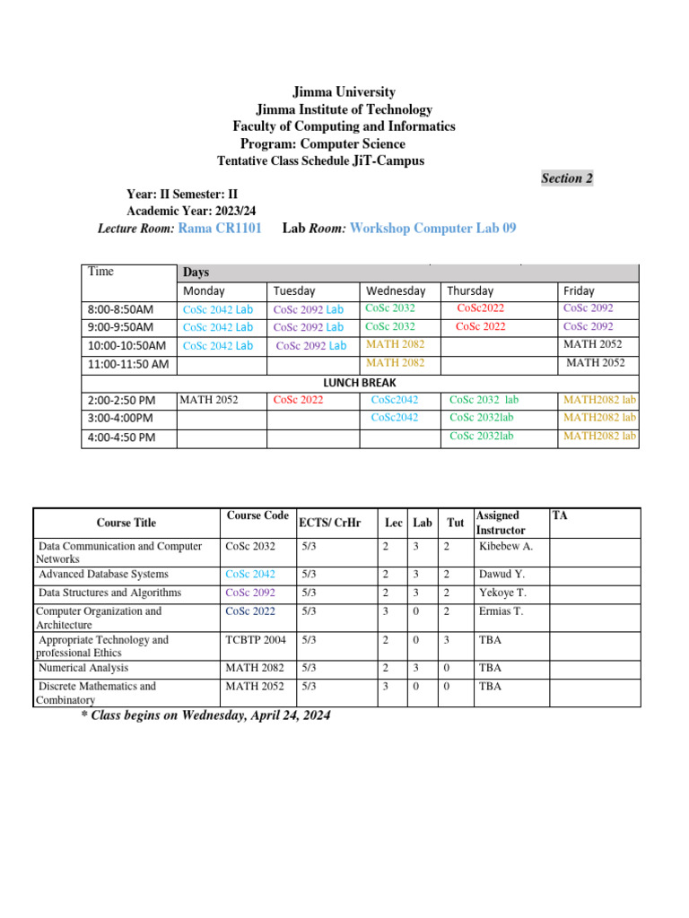 Year 2 Semester II CS Class Schedule JiT Campus | PDF | Mathematics ...