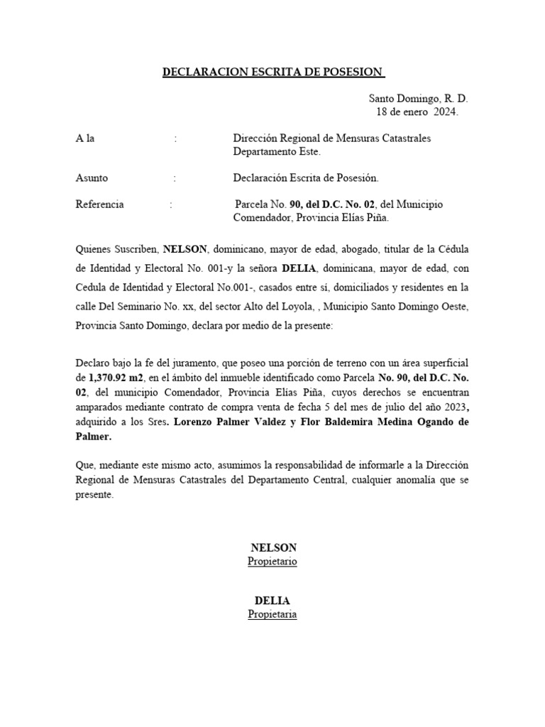 Declaración de Posesión de Terreno | PDF