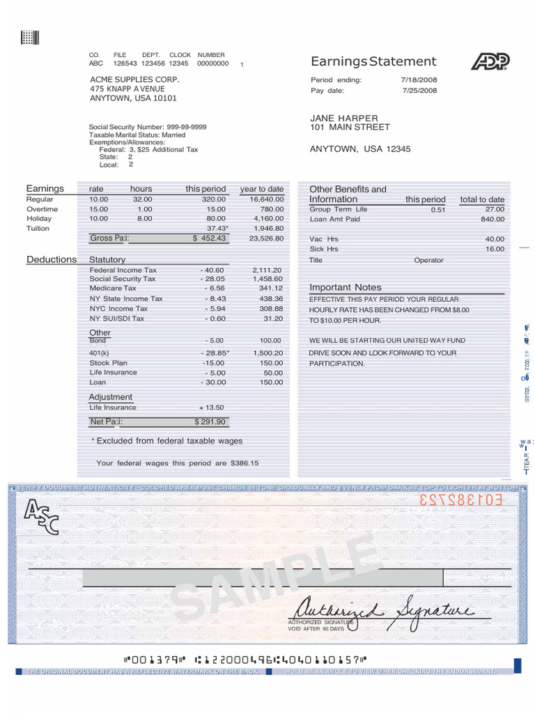 ADP Pay Stub Sample for Employees | PDF | Income Tax In The United ...