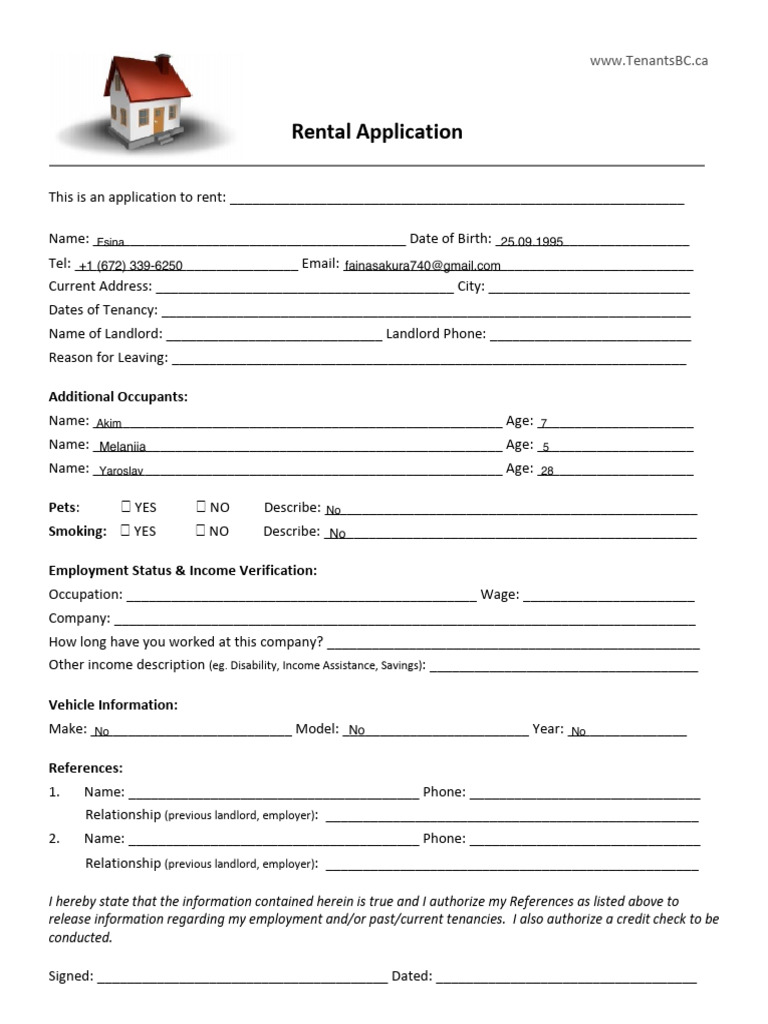 BC Rental Application Form Template | PDF