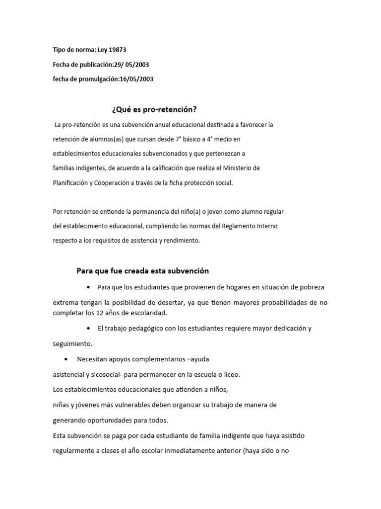 Subvención Pro-Retención Ley 19873 | PDF | Educación Secundaria | Escuelas