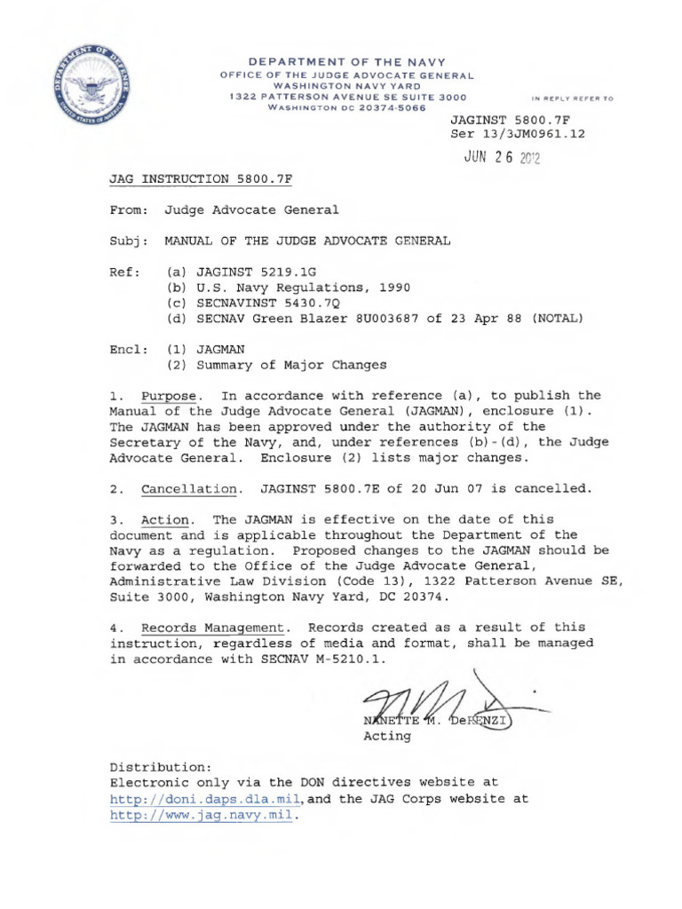Jaginst 5800.7f (Jagman) | PDF | Court Martial | Uniform Code Of ...