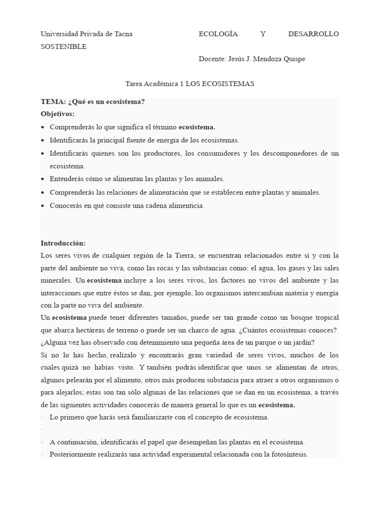 Tarea Académica Super Fácil (1) Ecologia | PDF | Ecosistema | Fotosíntesis