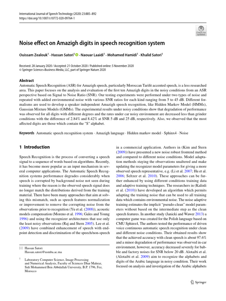 Noise Impact on Amazigh Speech Recognition | PDF | Speech Recognition ...