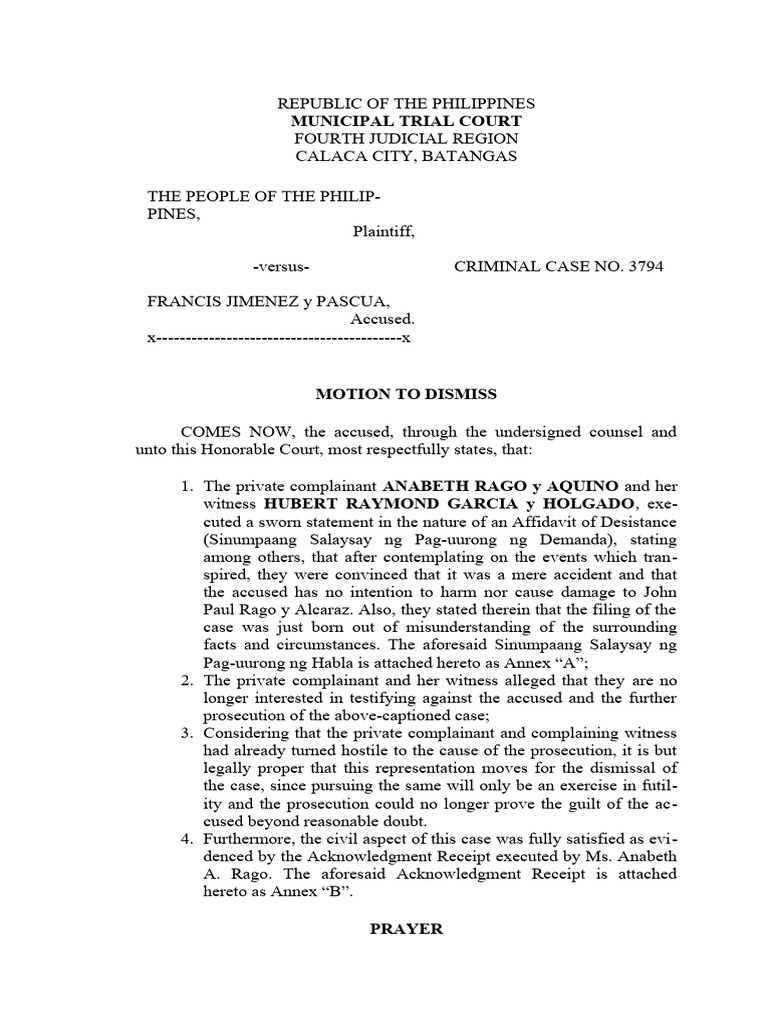 Motion to Dismiss Criminal Case 3794 | PDF | Prosecutor | Plaintiff