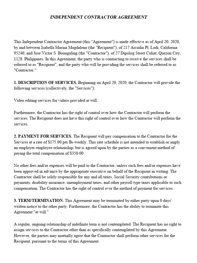 Angelo and Isabella Contract Form | PDF | Employment | Private Law