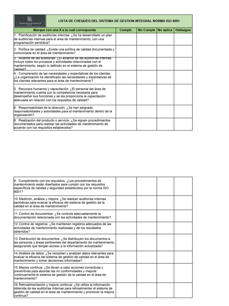 Lista de Chequeo Del Sistema de Gestion Integral Norma Iso 9001 Marque ...