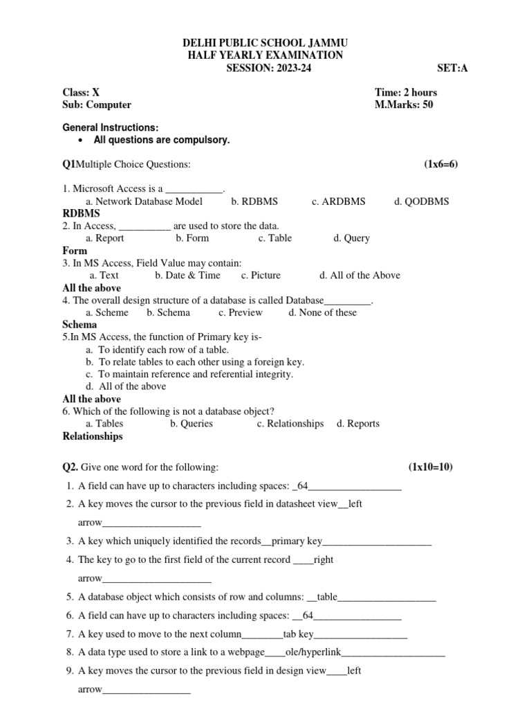 Half yearly x computer answer key pdf relational database