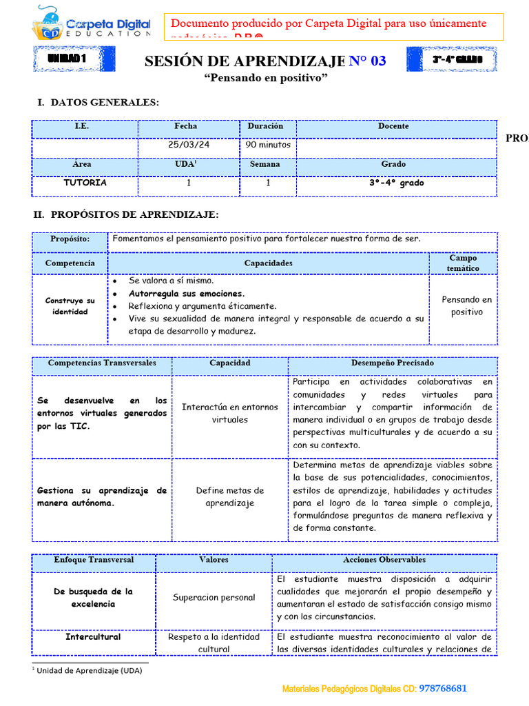 Sesión 3 - Pensando en Positivo - Tutoria 3ro-4to | PDF | Aprendizaje ...