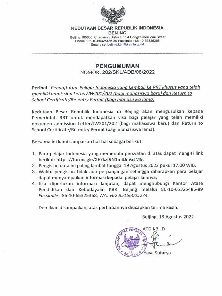 Pendaftaran Pelajar Indonesia Kembali Ke RRT Khusus Memiliki JW Atau ...