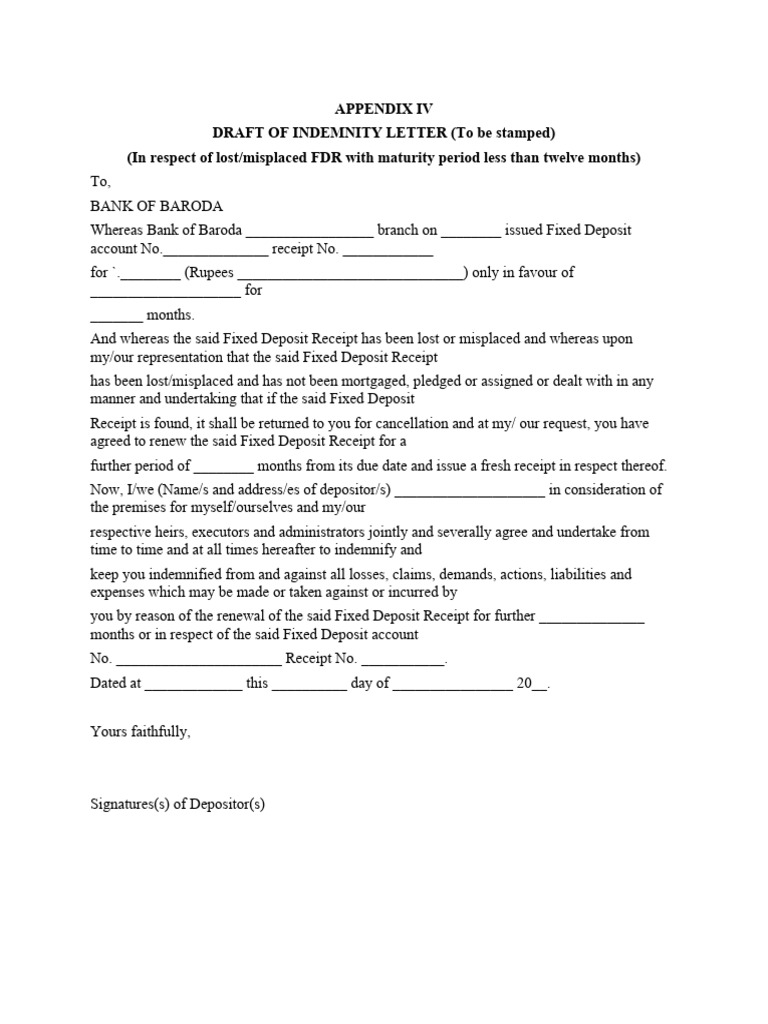 Indemnity FDR, DD, BC | PDF | Indemnity | Cheque