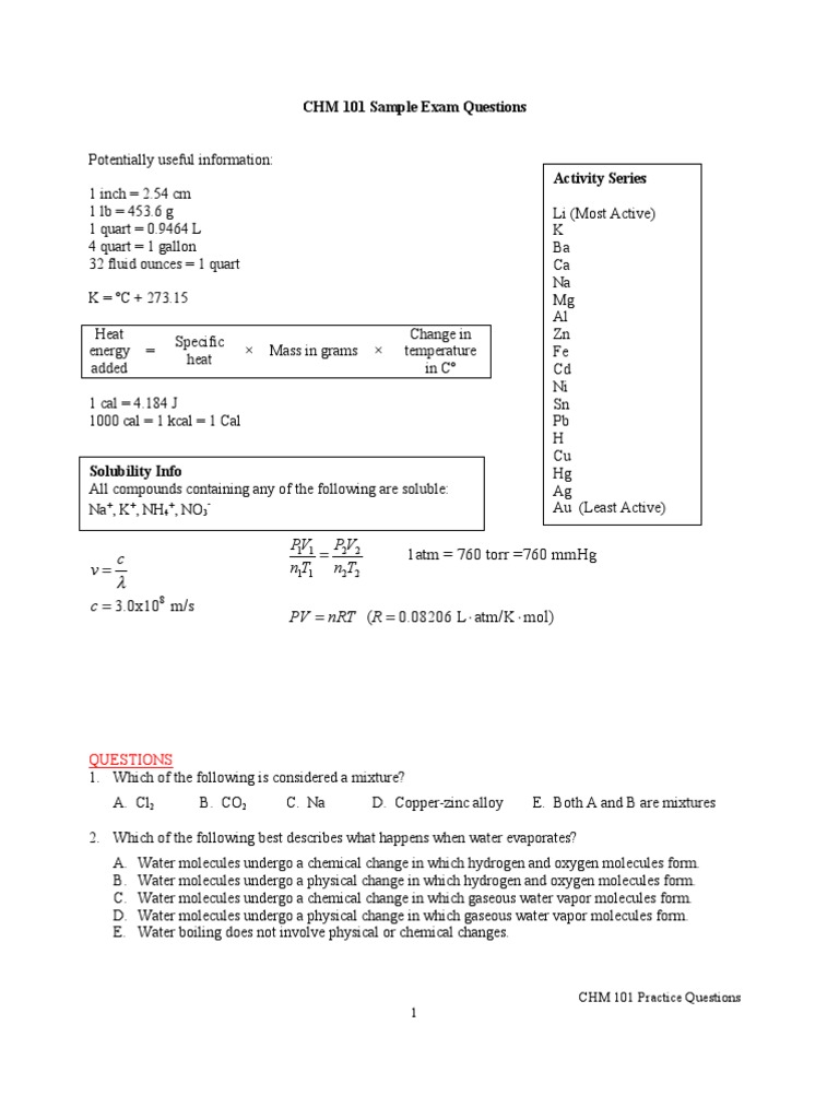 Chm 101 Practice Exam 1 Pdf Atoms Mole Unit