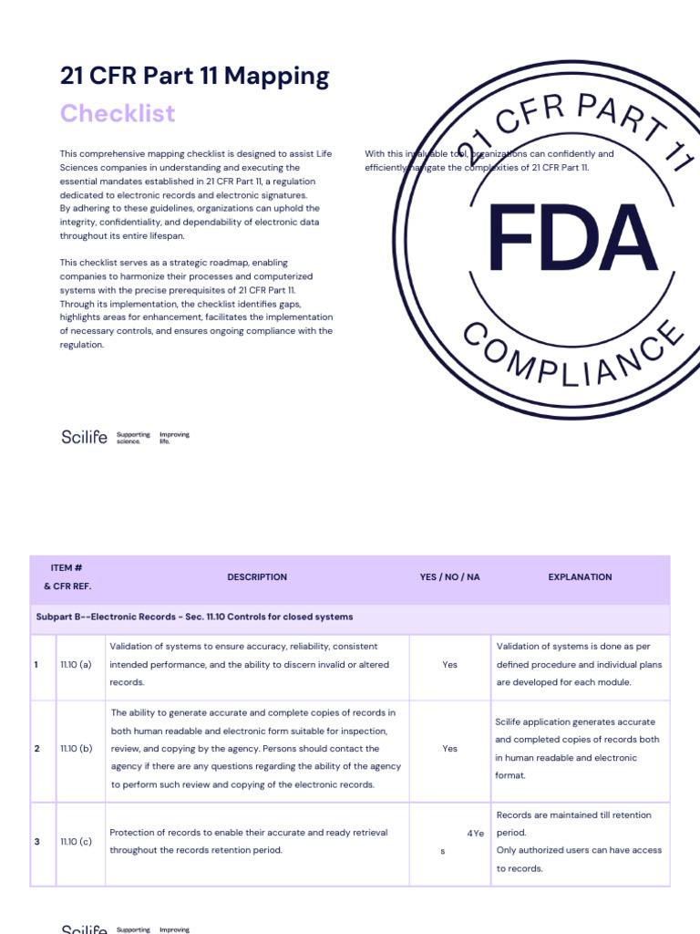 Scilife - 21 CFR Part 11 Mapping Checklist | PDF | Identity Document ...