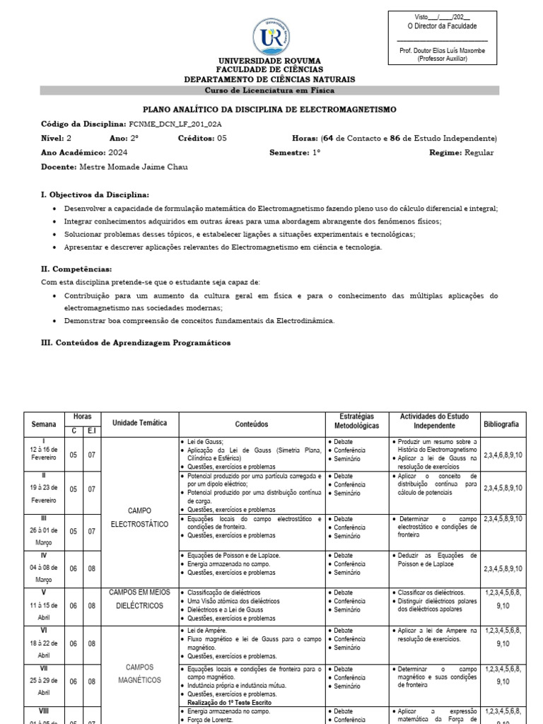 Plano de Electromagnetismo 2024 | PDF | Magnetismo | Eletromagnetismo