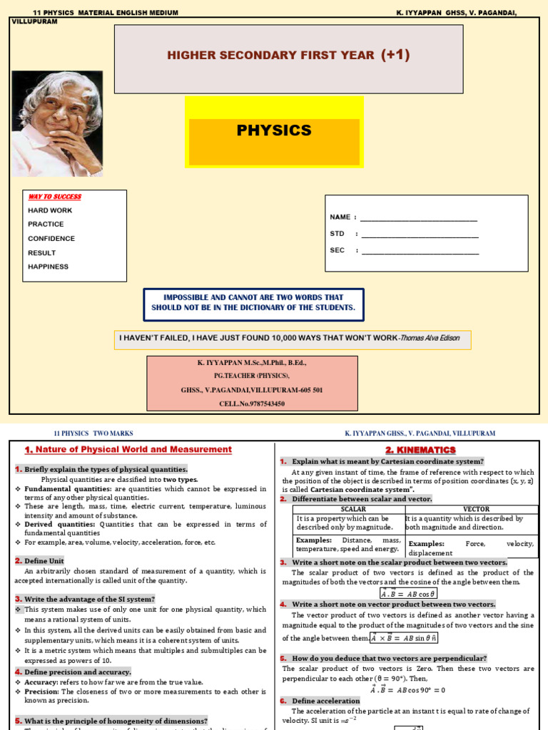 11th Physics Study Material PDF | PDF | Velocity | Force