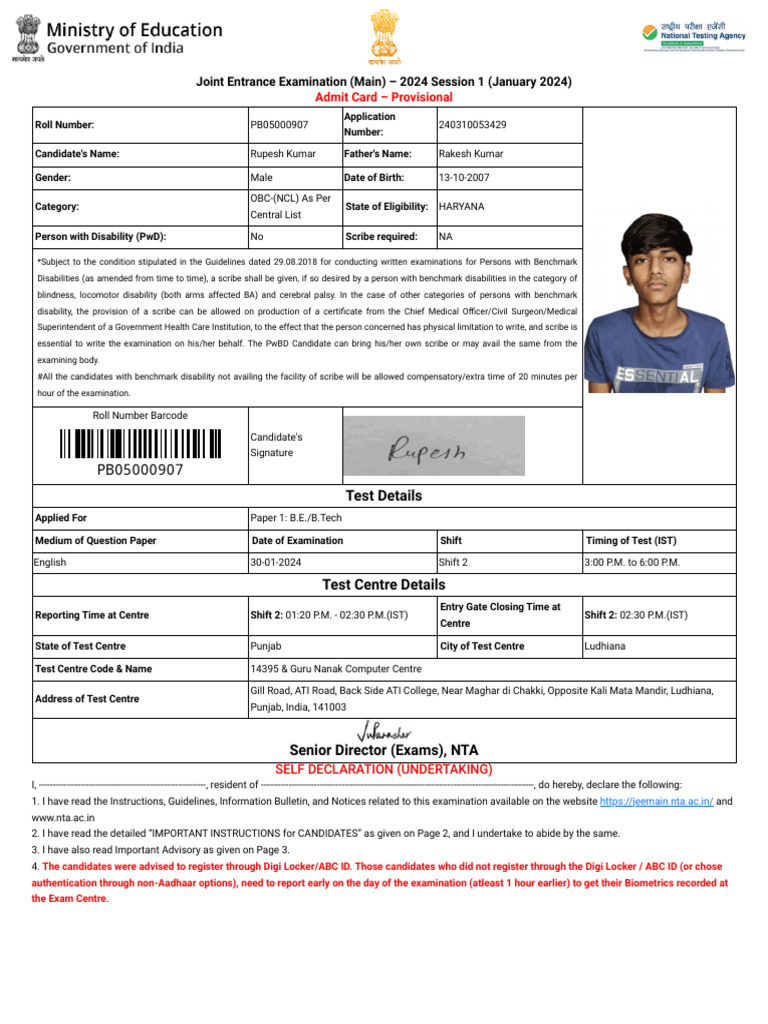 JEE Main 2024 Admit Card Instructions | PDF | Identity Document