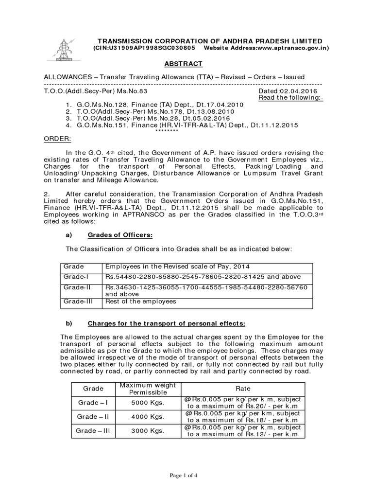 APTRANSCO Revised Transfer Allowances | PDF | Finance & Money ...