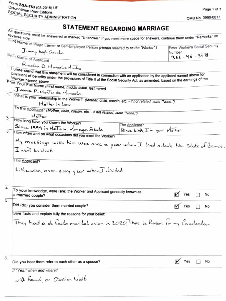 SSA-753 Marriage Statement Form | PDF | Social Security Administration ...